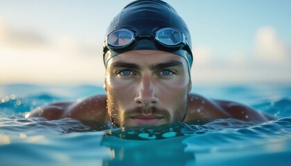 A determined swimmer emerges from the water, his intense gaze and swimming goggles reflecting the light. The image captures the essence of focus and dedication in the world of competitive swimming.