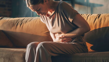 Fototapeta premium Woman suffering from abdominal pain and discomfort sitting on a couch stomachache