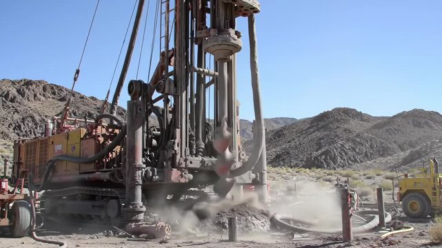 Drilling rig working in desert landscape, drilling process, dust, and mountains in the background, for resource extraction