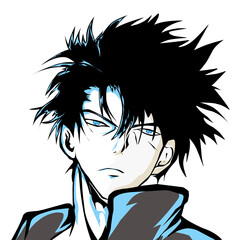 Intense anime character with spiky black hair and piercing blue eyes.