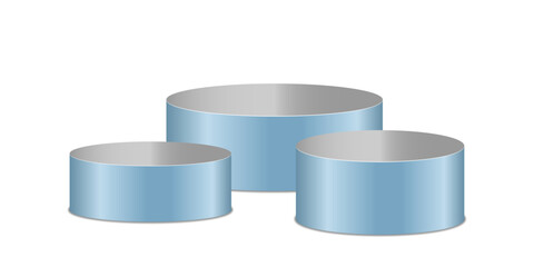 Three blue cylindrical podiums on a transparent background