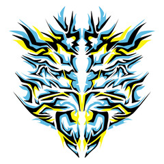 Symmetrical abstract tribal tattoo design in blue and yellow.