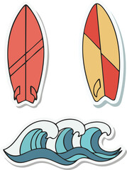 Two surfboards stand near crashing ocean waves on a sunny day, evoking a sense of adventure and the thrill of surfing, perfect for summer vibes.