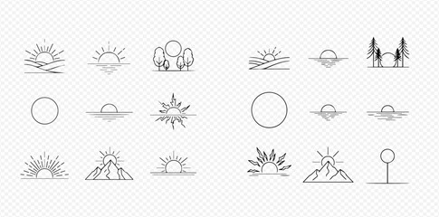 Minimalist line art icons depicting sunrises and sunsets over various natural landscapes including mountains, fields, and water.