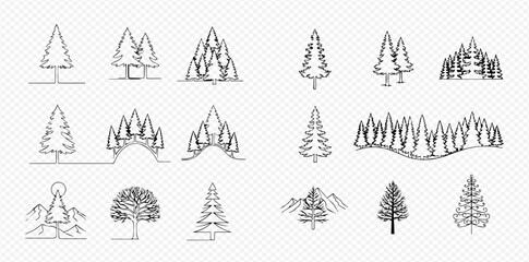 Line art collection of various trees and forest landscapes.