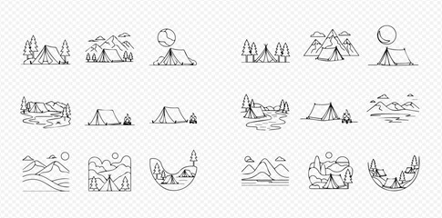 Collection of minimalist line art illustrations depicting various camping and outdoor adventure scenes with tents, mountains, trees, and natural landscapes.