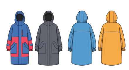 Four colorful hooded jackets displayed in a technical fashion illustration © Taylor