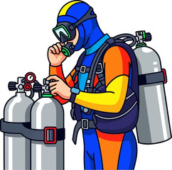 Obraz premium underwater enthusiast precisely adjusts tanks, embarking on a vibrant aquatic journey