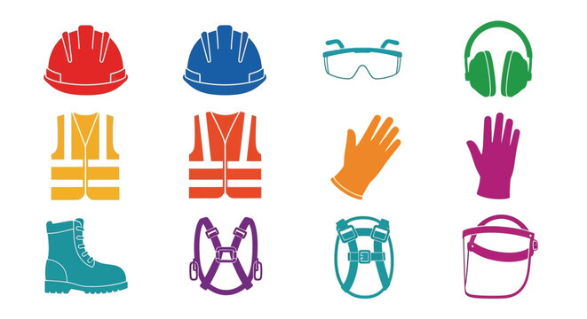 Collection of colorful industrial safety equipment and protective gear icons