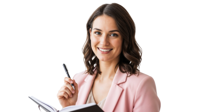 Professional woman in a light pink blazer smiles while holding a pen and notebook in a bright, neutral setting