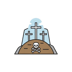A flat-design graphic depicting a graveyard scene with three crosses rising above a tomb. A skull and crossbones is shown
