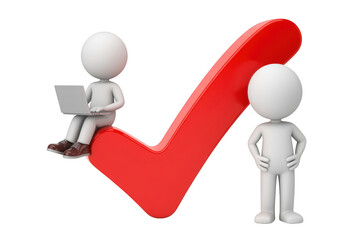 Stick figures with laptop and red check mark showing approval and success in a three d render on transparent background