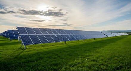 Close up Wide View of Solar Panel Farm Under Clear Sky with White Clouds in Daytime for Eco-Friendly Renewable Energy