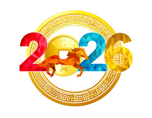 A geometric illustration of the year 2026, featuring a running horse inside a golden circular frame. The numbers and horse are stylized