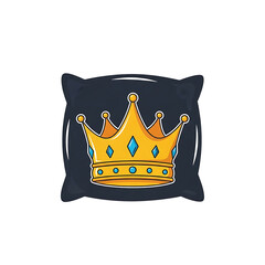 A golden crown with blue gems sits atop a dark, pillow-like shape, centered on a black background. The illustration uses bright colors