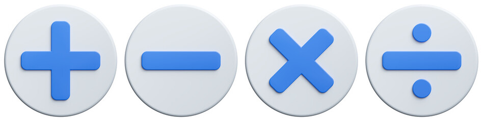 Set of blue mathematics mark isolated on white background. Plus and minuse marks, multiplication and division marks. 3d render