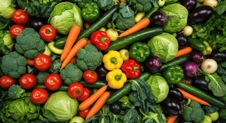 Close up photo of a collection of various types of fresh colorful vegetables such as cucumbers, onions, tomatoes, carrots, broccoli, eggplant and peppers neatly arranged on the table.