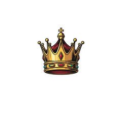 A golden, ornate crown with jewels sits centered against a black background. Its design features red velvet and sparkling gems