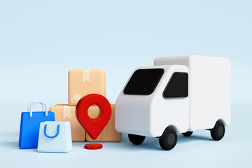 White truck, box, path, tracking and shoping bag  on blue background , logistics concepts, order delivery service. 3d render
