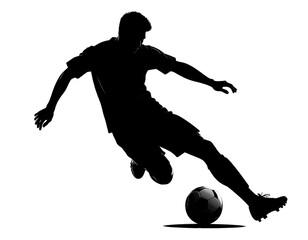 A grayscale depiction of a person playing soccer, rendered with high contrast, minimal details, and a dark background