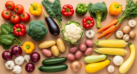 Photo from above of a collection of all the fresh colorful vegetables such as tomatoes, carrots, broccoli, and peppers arranged neatly on the table.