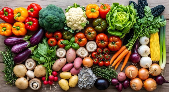 Photo from above of a collection of all the fresh colorful vegetables such as tomatoes, carrots, broccoli, and peppers arranged neatly on the table.
