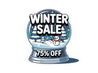 Unwrap amazing savings with this vibrant Winter Sale snow globe featuring a cheerful snowman and a fantastic 75% off offer, perfect for all your festive promotions and advertising needs.