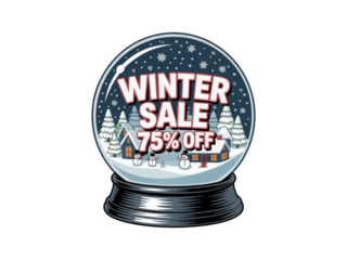 Unwrap incredible savings with a charming winter sale snow globe featuring 75% off discounts and festive holiday scenes perfect for seasonal promotions