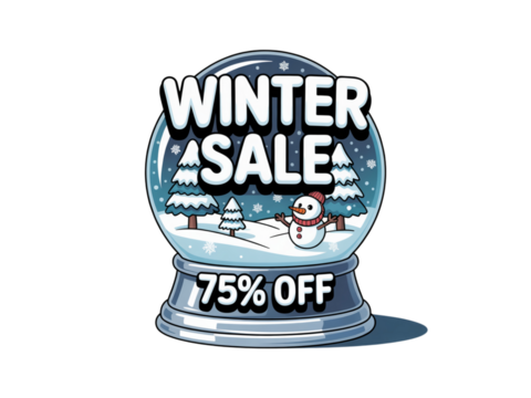 Unwrap amazing savings with this vibrant Winter Sale snow globe featuring a cheerful snowman and a fantastic 75% off offer, perfect for all your festive promotions and advertising needs.