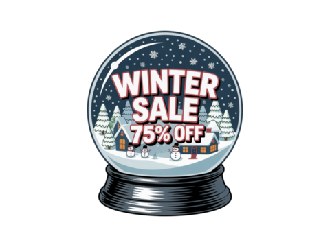 Unwrap incredible savings with a charming winter sale snow globe featuring 75% off discounts and festive holiday scenes perfect for seasonal promotions - Powered by Adobe