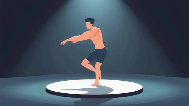 Vector illustration of a shirtless male dancer performing a contemporary routine on a circular stage under a dramatic spotlight