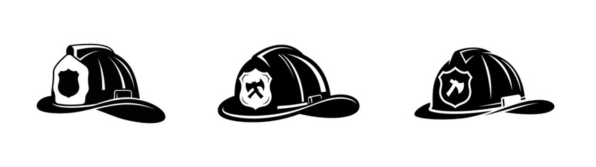 A collection of three black and white firefighter helmet illustrations, each with a different shield emblem design.