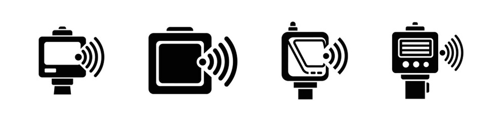 A set of four black icons depicting wireless payment terminals and a smart wallet, illustrating contactless technology.