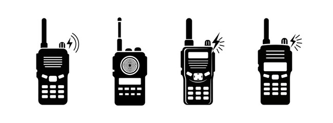 Four black and white walkie-talkies with antennas and screens, some emitting signals.