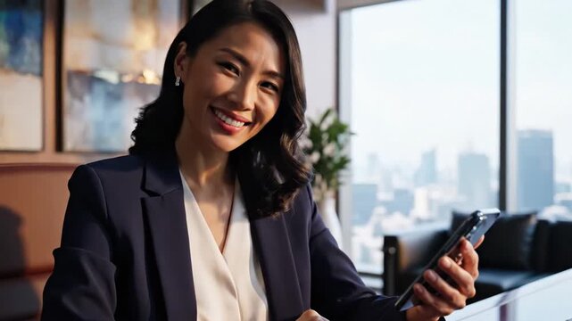 96_Asian mature business woman manager ceo using cell phone mobile app Smiling eastern 40s years old female businesswoman holding smartphone in office workspace for trading banking working 39865786 1