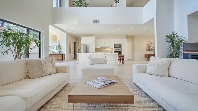 Contemporary open plan living space with high ceilings and neutral furnishings
