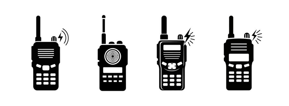 Four black and white walkie-talkies with antennas and screens, some emitting signals.