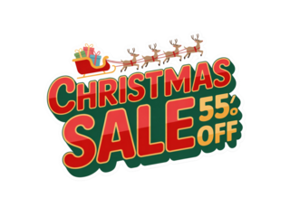 Jolly Santa's sleigh pulled by reindeer announces a spectacular 55% off Christmas sale, inviting shoppers to incredible holiday savings and festive cheer