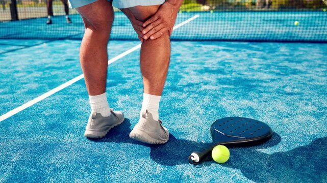 Back, leg pain and padel court with man, inflammation and joint injury with muscle tension. Sports, outdoor and person with training, medical crisis and accident with fitness, sore and bruise