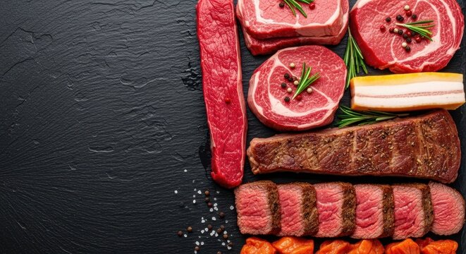 Assortment of raw and cooked meats on a black slate surface