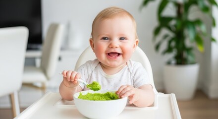 Happy baby eating green puree in a high chair, smiling at the camera