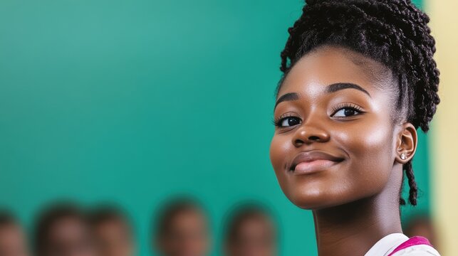 Smiling young woman in a classroom environment.