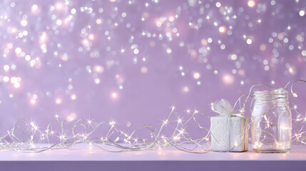 Elegant display of a silver gift box and glass jar with fairy lights against a soft purple bokeh background