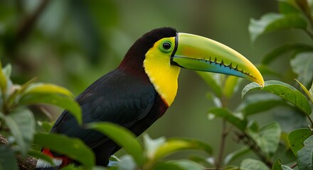 A vibrant toucan with colorful beak and plumage sits perched amidst leafy green foliage
