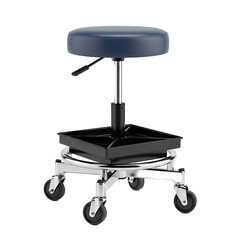 A modern adjustable stool with a dark blue cushioned seat, chrome legs, and rolling casters, isolated on a black background