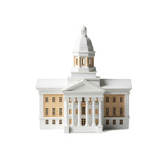 A miniature white building with a central dome, pillars, and several windows on a stark black background