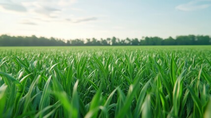 Fototapeta premium Vibrant green grass under a clear blue sky.