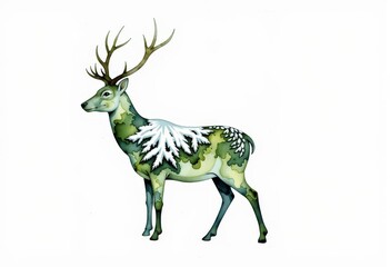 Obraz premium Illustration of a Majestic Deer with Camouflage Patterns Blending with Nature Depicted Through Artistic Leaf-Like Design Across its Elegant Form
