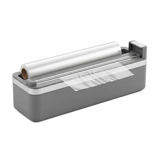 A modern, gray plastic food wrap dispenser. It features a roll of clear plastic wrap on top, with a portion of the wrap extending outward