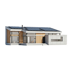 A modern, low-slung house with solar panels on its sloping roof, large windows, and a wood and concrete facade